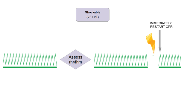 A flow diagram showing the process of CPR. It is shown that you should restart CPR immediately after delivering the shock.