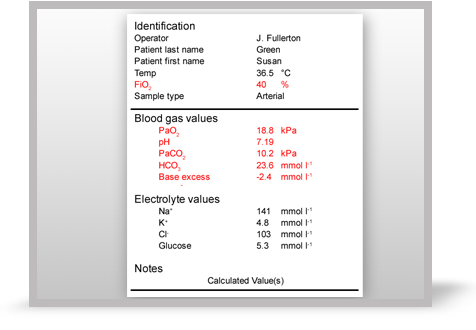 ABG results print out from a 21-year-old woman.