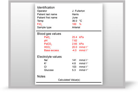 An ABG results print out from a 75-year-old woman.  