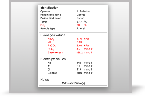 An ABG results print out from an 18-year-old man.  