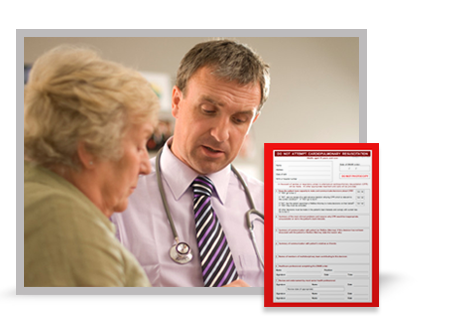 A doctor talking to a relative, with an inset DNAR form.